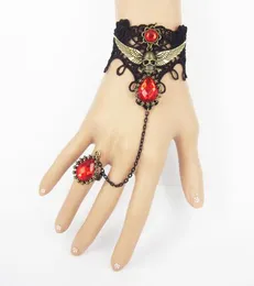 free new Halloween vintage pirate skull wings black lace lady's bracelet band ring chic classic exquisite elegance