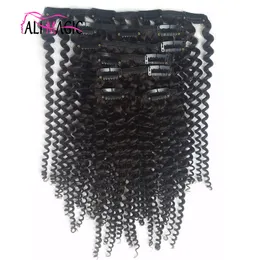 Ali Magic Brazylijski Remy Deep Wave Kinky Kręcone Wiązki Klip w Ludzkich Hair Extensions Naturalny kolor 7 sztuk / zestaw pełnej głowy 100g 120g