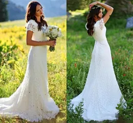 Stunning V-neck Full Lace A-line Boho Wedding Dresses 2017 Short Sleeves Beaded Crystals Belt Country Style Bridal Gowns