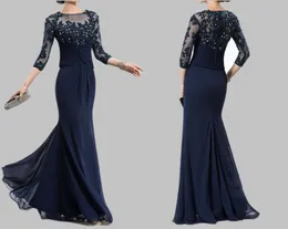 Applique Mother of the Bride Dresses 3/4 Sleeve Mother Dresses Crystal Chiffon Beadings Mermaid Evening Clows