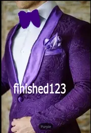 High Quality One Button Purple Paisley Groom Tuxedos Groomsmen Shawl Lapel Best Man Blazer Mens Wedding Suits (Jacket+Pants+Tie) H:980