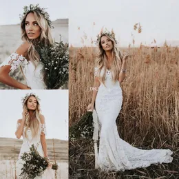 Romantyczny Off Ramię Koronki Syrenki Suknie Ślubne Boho Sweep Pociąg Zipper Back Country Style Garden Bridal Suknie Beach