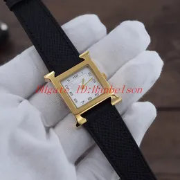 NOVO relógio feminino montre quadrado concha de aço dourado pulseira de couro preta mostrador branco duas mãos movimento de quartzo relógio de pulso feminino 26mm