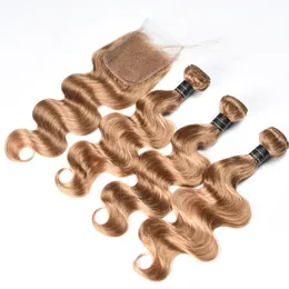 Honung blondin peruansk kroppsvåg Mänsklig hårbuntar med spetsslutning Fri Peruvian Remy Hair 3 buntar med stängning 27 #