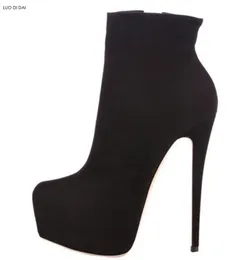 2018 mode kvinnor mocka läder stövlar pekade tå plattform stövlar kvinnor party skor 16cm kändis skor högklacke booties