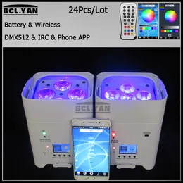 24xlot DJディスコパーティーウェディング照明Hex-4/ 6LEDS 18W 6IN1 RGBAW UVバッテリー操作ワイヤレスLEDパーライトアプリモバイル