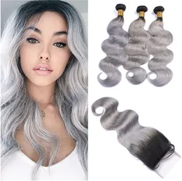 1b Grey Ombre Peruvian Human Hair Bundle Deals med Closure Dark Rooted Ombre Silver Gray 4x4 Lace Top Closure With Virgin Hair Weaves