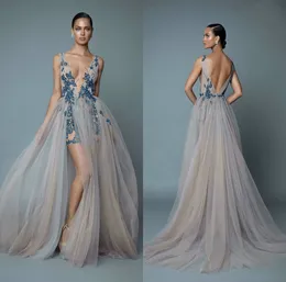 2019 Berta Suknie wieczorowe Głębokie V Neck Illusion Side Split Appliqued Koronki Koraliki Sexy Prom Dress Party Nosić Custom Make Formalne okazje