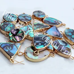 10Pcs Small Natural Round/Water Drop/Triangle Shape Abalone Shell Connector Link Double Bails Paua Shell Pendants Charms, Gold Color Contour