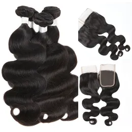 4 Bundles Body Wave Brazilian Virgin Hair Extensions with Closure 10A Brazilian Virgin Hair Wet and Wavy Human Hair Weave with Lace Closure