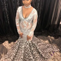 Stunning Sexy Mermaid Prom Dress Long Sleeve Deep V-Neck Lace Appliques Vestidos De Fiesta Glamorous 3D Floral Train 2018 Prom Dress Cheap