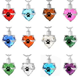 claw print Crystal Heart Memorial Jewelry Stainless Steel Cremation Urn Pendant Necklace urn necklace for ashes