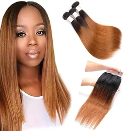 Ombre Peruvian Straight Human Hair 3/4 Bundles With 4X4 Lace Closure Colored 1B/30 Blonde Peruvian Human Hair Weave With Closure