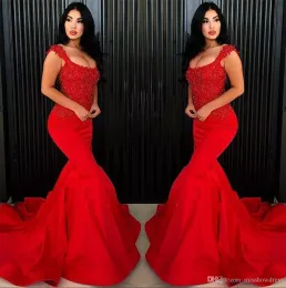 Eleganckie nowe czerwone rękawy z producentami Satynowa syrenka długa koronkowa aplikacja z koralikami suknie imprezowe sukienki wieczorowe w rozmiarze
