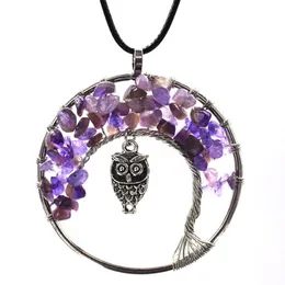 Uppdatera mode kvinnor Rainbow 7 Chakra Tree of Life Pendant Necklace Quartz Owl Multicolor Natural Stone Wisdom Halsband smycken