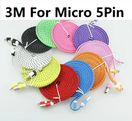 3M 10Ft portátil Plano Noodle Nylon Tecido V8 Micro USB Data Sync Charge Cable Adapter para Samsung para SONY Xperia Xiaomi Huawe