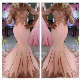 2022 Sexy Middle East Arabic Prom Dresses Long Sleeves Pink Lace Appliques Pearls Mermaid Plus Size Evening Party Gowns Wear Vestidos