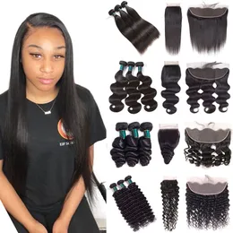 10A High Quality Brazilian Remy Human Hair 3 Bundles With 4*4 Closure or 13*4 Lace Frontal Straight Body Loose Deep Water Wave Curly