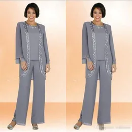 Sier Gri Şifon Gelin Pantolonun Annesi Suit Nakış Kadınları Resmi Akşam Giyim Özel Yapımı Artı Beden Düğün Konuk Elbise