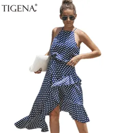 2019 Tigena Black Blue Polkaドット夏のドレス女性2018ノースリーブチュニック包帯BOHOビーチMidi Party Dress and Sundress Robe Femme