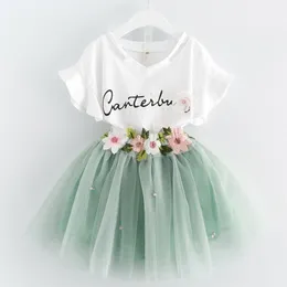 2018 Nowe Dziewczynek Letnia Sukienka Garnitury V-Neck Pearl Koszulka T-shirt Topy + Kwiat Tutu Spódnice 2 sztuk Odzież Ustawia Outfits Princess Outwear