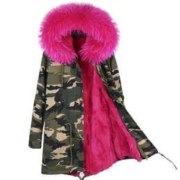 2018 Nya kvinnors varma förtjockning Real Natural Raccoon Fur Hooded Långärmad Äkta REX Rabbit Fur Liner Medium Long Camouflage Parka Coat