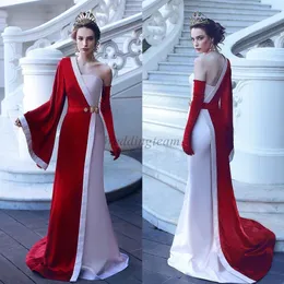 Unikalna Syrenka Prom Dresses One Ramię Długie Rękaw Suknie Wieczorowe Vestidos de Fiesta Sweep Pociąg Satynowa Sukienka Formalna bez rękawicy