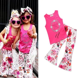 2018 Baby Girls Clothes Kids 유아 의류 민소매 Campanula T- 셔츠 탑 + 플로랄 플레어 팬츠 2PCS Girls Outfits Set Childrens Clothes