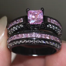 Victoria Wieck Handgjorda Bröllopsband Ringar Set för Kvinnor 5A Rosa Zircon Stone CZ 10KT Svart guldfylld kvinnlig årsdagring