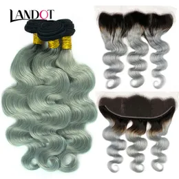 9a Ombre 1b / Grå Brasiliansk Virgin Hair Weave 3 buntar med spets frontal stängningar peruanska malaysiska indiska kroppsvåg mänskliga hårförlängningar