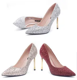 Fashion Sequin Wedding Shoes 4 Inch High Heels Designer Bridal Shoes Pointed Toe Party Prom Women Shoes Burgundy Gold Silver Free Shipping