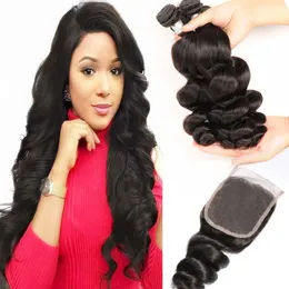 Mongolian Virgin Human Hair Extensions With Lace Closure 4X4 Baby Hair Loose Wave 3 Bundles With Baby Hair Lace Closure Natural Color
