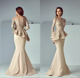 샴페인 인어 Peplum Prom Dresses Jewel Neck Nistusion Long Sleeves Lace Applique 지퍼 백 파티 저녁 Bride Go2160