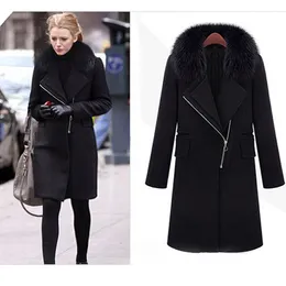 ファッション冬の秋の女性パーカーロングブラックコート毛皮の襟3xlのトレンチコートジャケットjabligos mujerエレガントケープコート