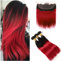 Straight #1B/Red Ombre Brazilian Virgin Hair Bundles with Frontal Dark Rooted Ombre Red Human Hair Weaves with Lace Frontal Closure 13x4