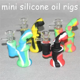 Silicone Mini Dab Rig Recycler Bong Narghilè Tubi d'acqua protettivi da 3,5 pollici Bubbler 14mm Oil Rigs Bong con collo piegato infrangibile