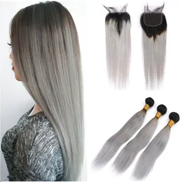 Dziewiczy Brazylijski Ombre Silver Grey Human Hair Weaves Z Zamknięciem Prosto # 1b / Szary Ciemny Korzeń Wiązki Ombre Oferty Z Koronką Zamknięciem 4x4