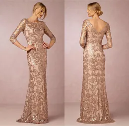 Rose Gold Mother of the Bride Dresses Neck Long Sleeve Vintage Lace Sweep Train Formell Evening Party Wear