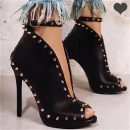 Design Peep Fashion Brand Women Toe Black Nude Rivet Thin Short Boots V-neck Strap High Heel Ankle Booties Dress Shoes 5