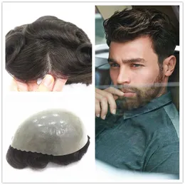 인간의 머리 망 Toupee 10 * 8 인치 웨이브 얇은 피부 전체 Pu Toupee 남자 Hairpieces 교체 시스템 남자가 발에 대 한