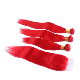 Bundles de cheveux humains brésiliens vierges rouges colorés avec fermeture frontale en dentelle 13x4 Extensions de trames de cheveux rouges lisses et soyeux avec frontal