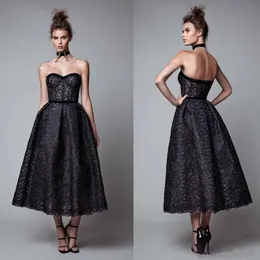 Berta 2020 Schwarz-Abend-Kleid-Schatz SpitzeAppliques Abendkleider nach Maß Tee-Länge eine Linie für besondere Anlässe Kleid