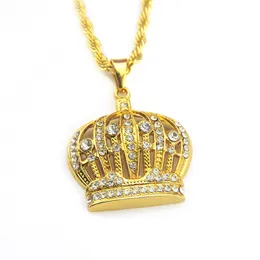 Hip Hop Iced Out Crystal Gold Plated Crown Pendant Necklace With Chain For Men Women Fashion Jewelry