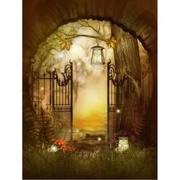 Fairy Tale Kids Halloween Backdrop Printed Genie Dragonfly Mushrooms Old Maple Tree Lanterns Arch Door Photography Backgrounds