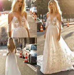 gali karten a line dresses plunging spaghettti lace bridal gowns appliqued open back beach boho wedding dress custom