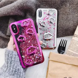 Electroplate Lips Dynamic Flytande Quicksand Telefonväska till iPhone 5 5S 6 6s Soft Case Cover för iPhone 7 7Plus 8 8Plus x