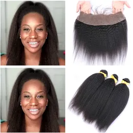 Kinky Proste Dziewicy Indian Human Hair Weaves z pełną koronką Czołową Włoski Szorstki Yaki 13x4 Koronki Frontal Zamknięcie z wiązkami