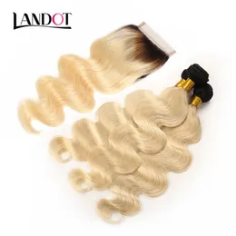 9a färg 1b/613 ombre blond spetsstängning med 3 buntar brasilianska jungfruliga mänskliga hårvävar kroppsvåg peruansk malaysisk indisk remy hår