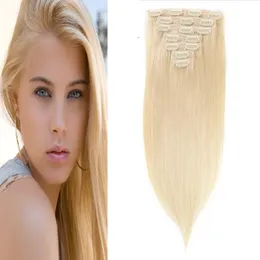 Blond Clip In Human Hair Extensions 100g Mänskligt hårklipp i tillägg 7PC 8a Brasilianska Virgin Hair Straight Clip I Extension