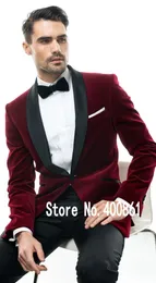 High Quality Dark Red Velvet Groom Tuxedos Groomsmen Shawl Lapel Best Man Blazer Mens Wedding Suits (Jacket+Pants+Tie) H:961
